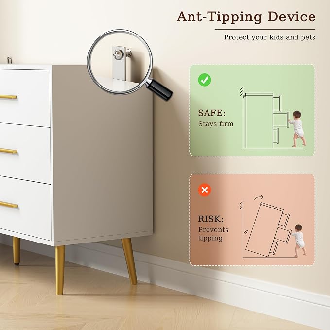 White 6 Drawer Dresser for Bedroom, 47" Wood Dresser with Gold Handles. | Modern Dressers & Chests of Drawers for Living Room, Hallway, Entryway.
