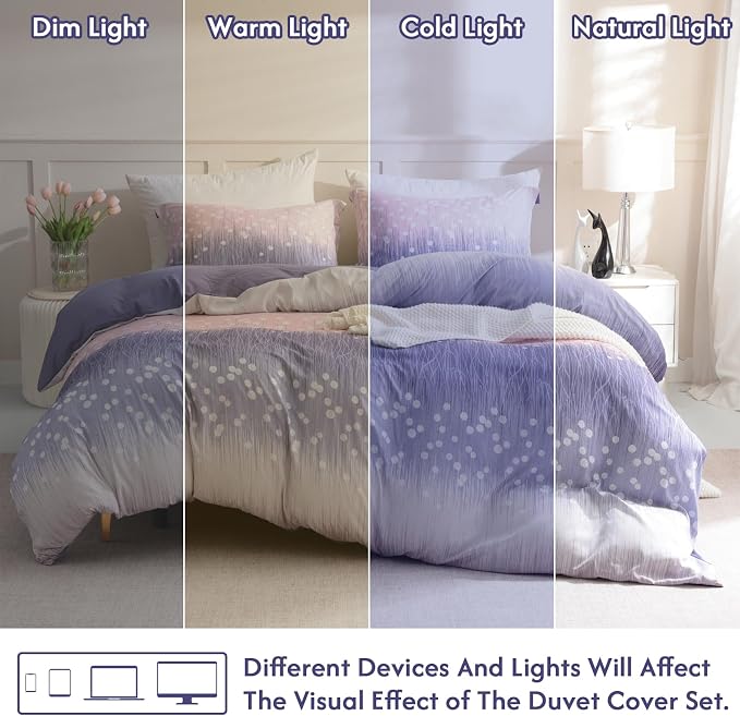 LONAVA Queen Patchwork 3 Pcs Duvet Cover Set, Breathable Soft Microfiber Purple Lining Comforter Cover with Zipper Closure, and 2 Anti-Pilling, Fade Resistant Pillowcases, Purple Blossom