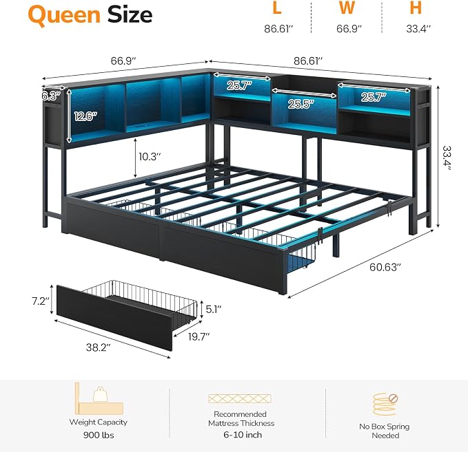 DICTAC Corner Queen Bed Frame with Storage Bookcase and 2 Drawers,Queen Size Platform Corner Bed Frame with LED Lights & Charging Station,Metal Daybed for Teens/Adult with Storage,Saving Space,Black
