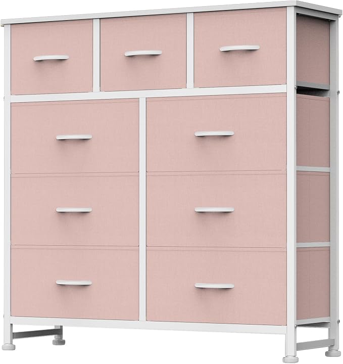 DUMOS 9 Drawer Dresser for Bedroom, Storage Organizer Chest of Drawers | Fabric Bins Storage Tower with Sturdy Metal Frame, Wood Tabletop for Closet, Pink