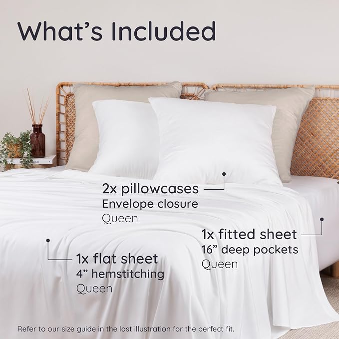 Bambaw 100% Viscose Derived from Bamboo Sheets Queen Size Deep Pocket Set – 4pcs Soft Cooling Sheets Queen Size, Fits Up to 16'' with Elastic Corner Straps, Hotel Luxury Bed Sheets Set (White)