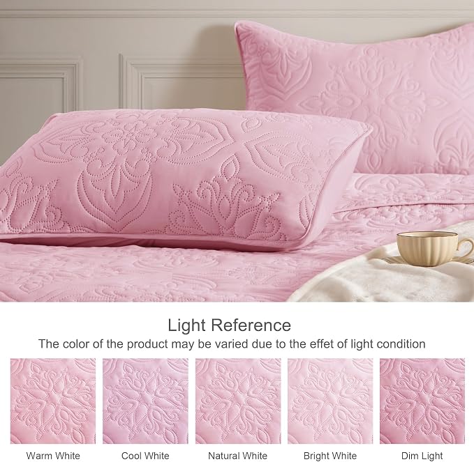 Whale Flotilla Queen Quilt Bedding Set Vintage Damask Reversible Bedspread | Suitable for Bed, 3 Pieces Pink Lightweight Breathable Quilts Queen Size, Ultrasonic Coverlet Bed Cover with 2 Pillow Shams