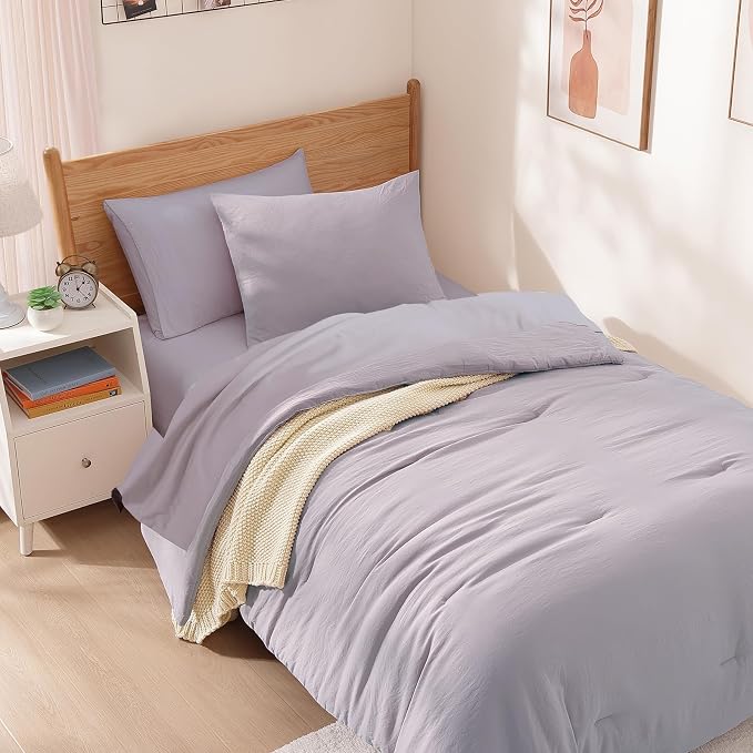 Twin XL Comforter Set- 5 Pieces Prewashed Bed in a Bag Twin Bedding Sets | Soft All Season Comforter with Sheets, Pillow Sham & Pillowcase, Lilac