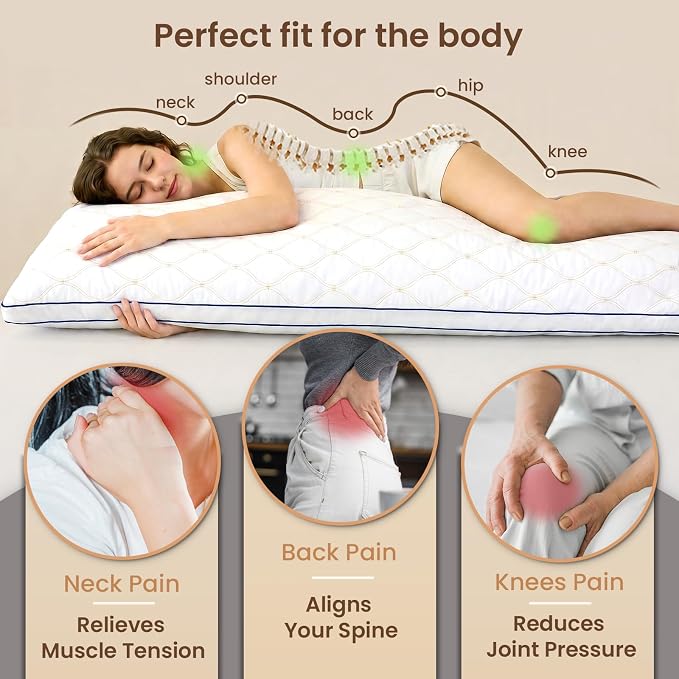ZonLi Long Body Pillow for Adults, Gold Thread Quilted Gourd Pattern Cover, Soft Durable Adjustable Shredded Memory Foam, Comes with Extra 7 Oz Shredded Foam, Ideal for Side Sleepers, White