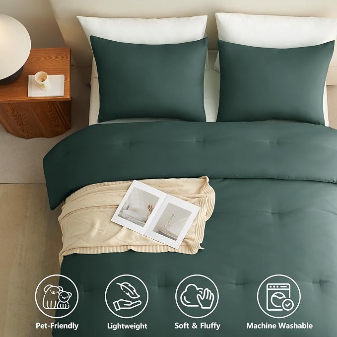 Oversized Queen Comforter Set 3 Pieces Forest Green Quilted Bedding | 270 GSM Down Alternative Fill, 4 Corner Ties for Duvet Insert Use, All Season, OEKO-TEX Certified, 2 Pillowcases, 98 x 98 in