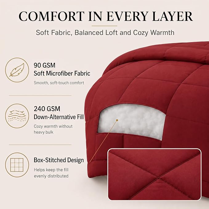 Oversized King Comforter Set Dark Red - 7 Pieces Bed in a Bag | OEKO-TEX Certified, All-Season, Bedroom, Guest Room, Down-Alternative Comforter + Flat & Fitted Sheets + 4 Pillowcases