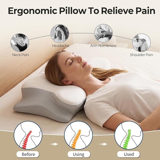 Ylekto Cervical Neck Pillow for Pain Relief - Contour Memory Foam Pillows for Sleeping, Ergonomic Pillow Side Sleeper Pillow for Neck Support, Bed Pillow for Side Back Stomach Sleepers(Grey)