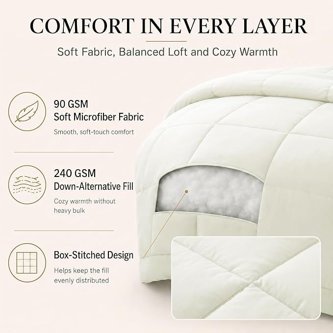 King Size Comforter Set Ivory - 7 Pieces Bed in a Bag | OEKO-TEX Certified, All-Season, Bedroom, Guest Room, Down-Alternative Comforter + Flat & Fitted Sheets + 4 Pillowcases