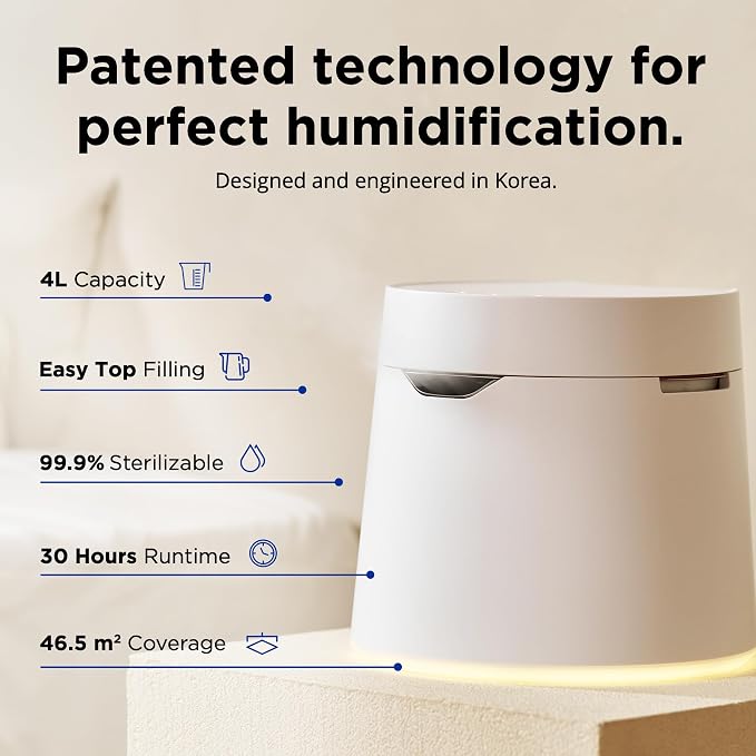 Carepod One Plus Stainless Steel Humidifier for Large Room with Mood Light, Quiet & Safe for Baby, Only 3 Washable Parts, Easy to Clean Ultrasonic Cool Mist Humidifiers for Bedroom for 30Hrs (1Gal/4L)