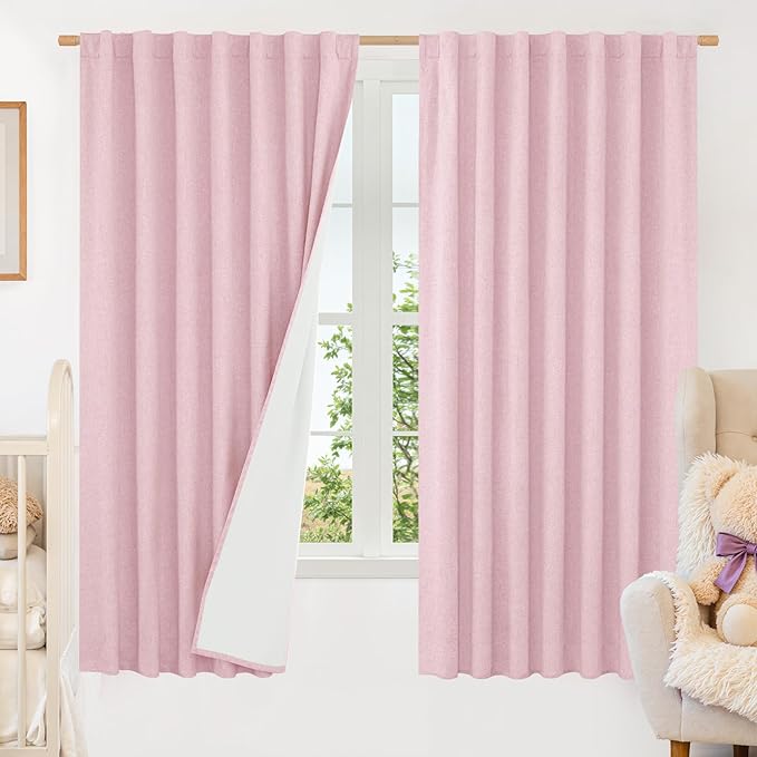63 Inch Long 100% Blackout Linen Curtains 2 Panels with White Liner | Pink, Living Room, Farmhouse, Bedroom Curtains, Full Room Darkening, Thermal, Rod Pocket Back Tab Panels, 60 x 63 Inch