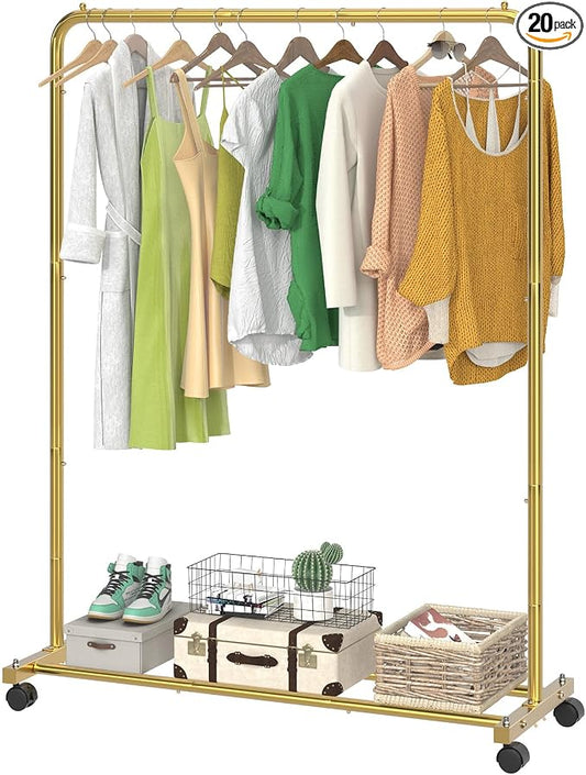 Simple Trending Clothes Clothing Garment Rack, Clothes Organizer, Gold | Storage Shelves, 360° Lockable Wheels, Anti-Slip Stoppers, Bedroom, Laundry Room