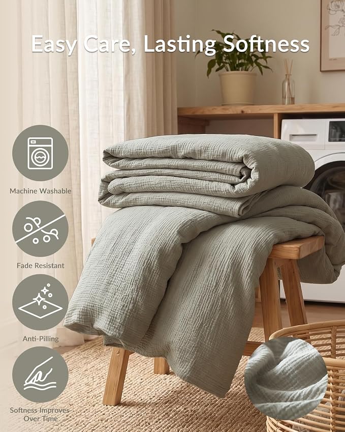 SE SOFTEXLY Muslin Duvet Cover Twin Size, 100% Washed Cotton Duvet Cover Set, Ultra Soft Comforter Cover Linen Like, 2 Pieces Minimalist Gauze Duvet Cover with 1 Pillowcase, 68"x90", Smoky-Green