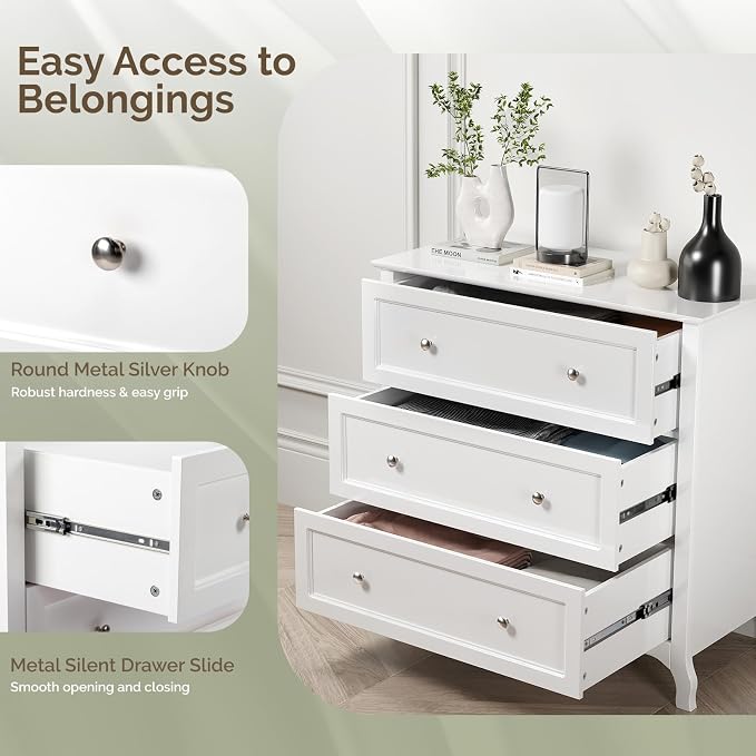 Bonnlo 31.5" W White Nightstand 3 Drawer Chest, Night Stand for Bedroom, Large Nightstand Wood Bedside Table with Drawers, 31.5" W*15.75" D*31.5" H