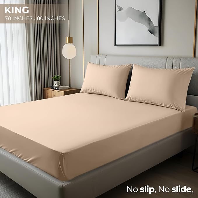 King Fitted Sheet, Ultra Soft Fits Up to 16 Inch Deep Pocket, Beige | Hotel Comfort, Cooling & Breathable Cotton like Polyester, Easy Fit, Wrinkle & Fade Resistant, Snug Fit, Easy Care, Oeko-Tex
