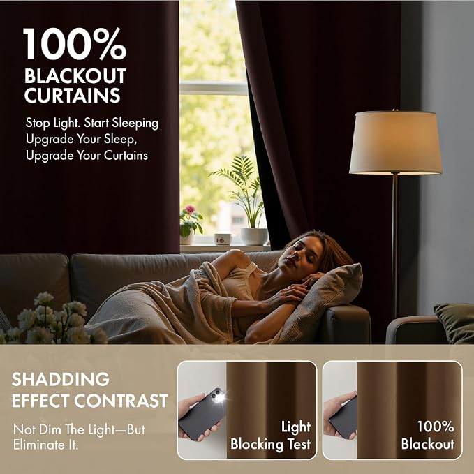 MIULEE Brown 100% Blackout Curtains for Bedroom 40x72 Inch Long 2 Panels | 2 Thick Layers Thermal Insulated Window Curtains with Black Liner, Noise Reducing Grommet, Drapes for Living Room