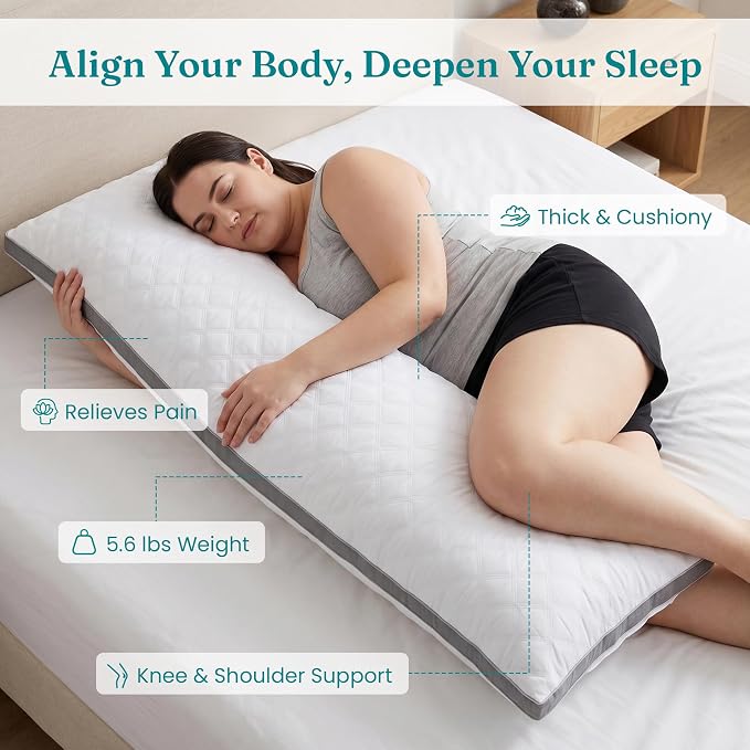 Oubonun Full Body Pillow for Side Sleeper, Adjustable Firm Long Bed Pillow | Extra Fill Plush Support - Large Quilted Loft Insert for Pregnancy Contour, Breathable Sweat-Absorbing Skin-Friendly Cushion