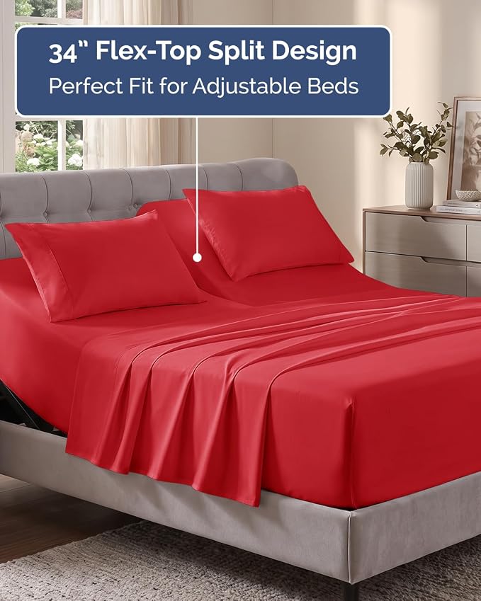 Flex Top Split Head King Sheet Set - 4 Piece Extra Deep Sheets - Red | Easily Fits 18 to 24 inch Mattress, Ultra Soft, Wrinkle & Fade Free with Extra Deep Pockets, Comfy Hotel Luxury Bedding