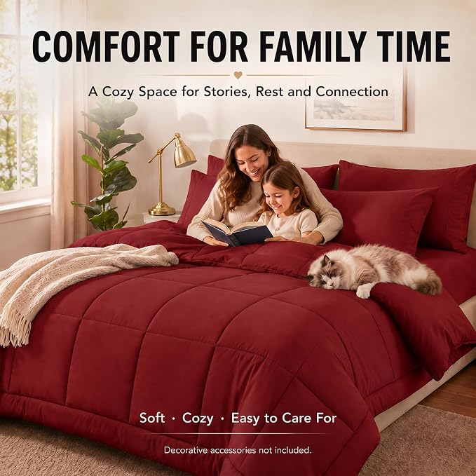 King Size Comforter Set Dark Red - 7 Pieces Bed in a Bag | OEKO-TEX Certified, All-Season, Bedroom, Guest Room, Down-Alternative Comforter + Flat & Fitted Sheets + 4 Pillowcases