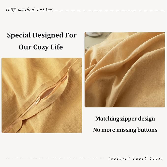 BDEAR 3Pcs Ginger Yellow Duvet Cover Set Queen Size 90" L x 90" W, Oeko TEX | 100% Washed Cotton, 1 Duvet Cover with 2 Pillowcases, Zipper Closure, 8 Corner Ties,Linen-Liked Texture, Skin Friendly