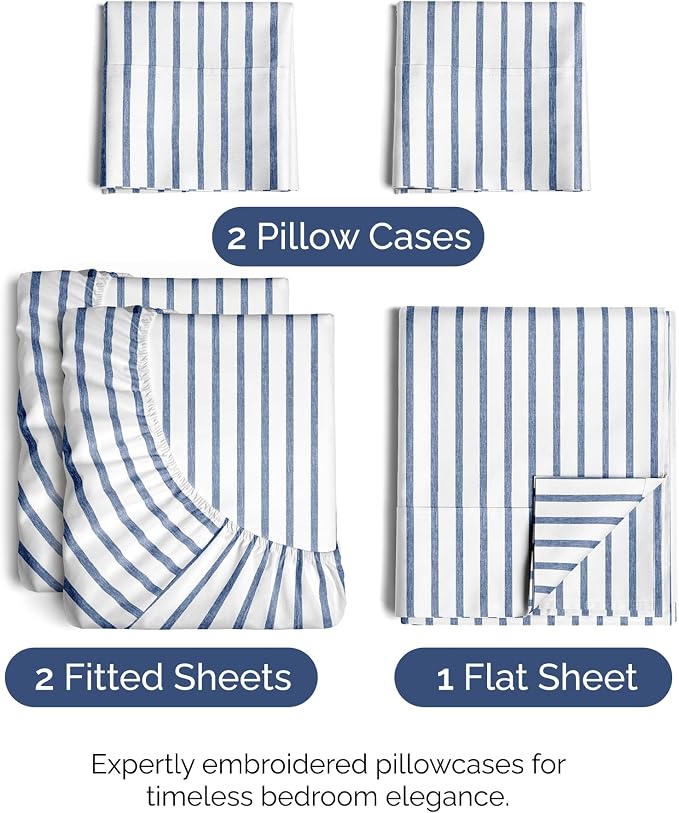 Split King Size 5 Piece Sheet Set - Breathable & Cooling - Blue Stripes | Hotel Luxury Bed Sheets for Women & Men, Deep Pockets, Easy-Fit, Comfy, Soft and Wrinkle Free Sheets, Oeko-Tex Bed Sheet Set