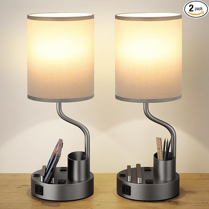 Bedside Lamps for Bedroom Set of 2 - Table Desk Lamp for Nightstand | 15" Table Lamp for Living Room with Pen Holder & Phone Stand, USB A+C Port, AC Outlet, 3 Color Temperature, LED Bulb Included