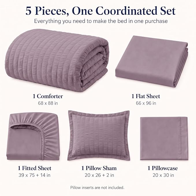 Twin Comforter Set, 5 Pieces Dusty Purple Seersucker Bed in a Bag | OEKO-TEX Certified, All Season Bedding Sets with 240 GSM Down Alternative Comforter, Flat & Fitted Sheets, Pillowcase & Sham