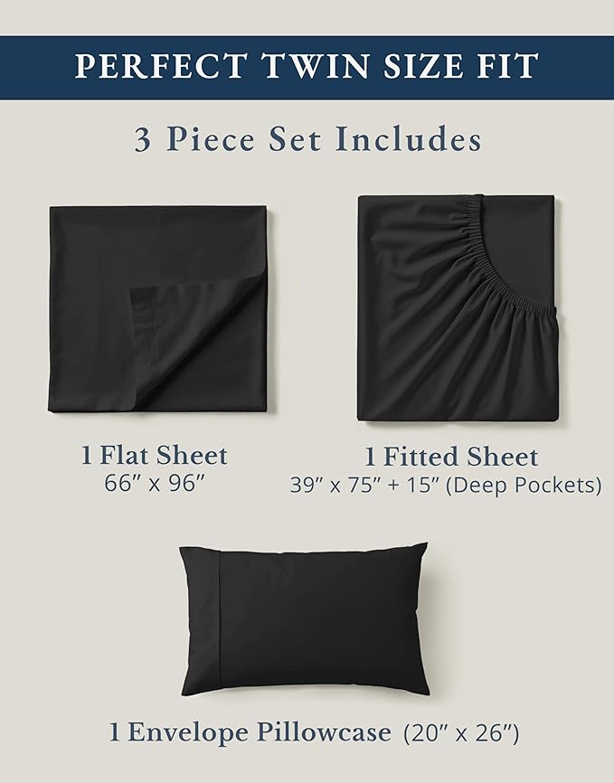 LANE LINEN Twin Bed Sheets 100% Organic Cotton Soft 3pc Percale - Black | Twin Sheets In Organic Cotton Percale - Crisp Cool Percale Weave, Great For Gifting, Easy-Care Machine Washable