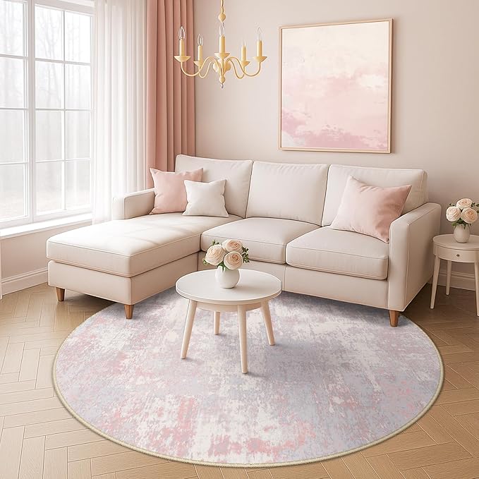 RELEANY Washable Round 8ft Area Rug for Living Room Gray Pink | Carpet for Bedroom, Kitchen, Office, Hallway and Entryway, Printed Pattern, Non‑Slip, Soft, Stain‑Resistant, Easy to Clean