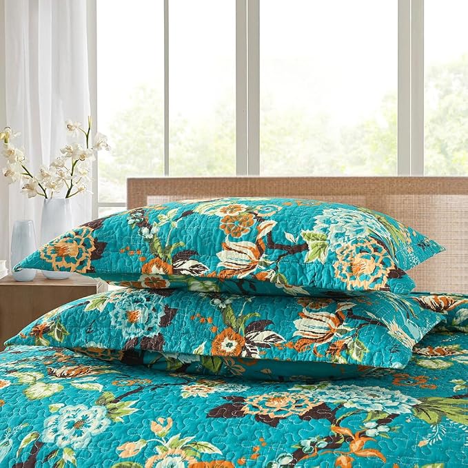 ENASAL Cotton Bedspread Quilt Sets Reversible Bedding Coverlet Sets Comforter, Vintage Floral with Peacock Pastoral Turquoise Bedspread, King Size