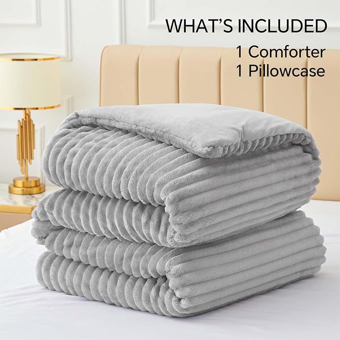 BEDELITE Fleece Twin/Twin XL Comforter Set, Fluffy Bed Set, Light Grey | Super Soft & Warm Bedding, Luxury Fuzzy Faux Fur Comforter for Winter, Heavy Plush Bedding, with 1 Pillowcase