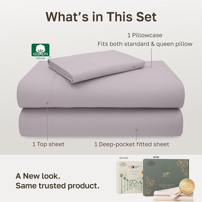 California Design Den 600 Thread Count Twin Bed Sheet Set, 3 Pcs, Lavender | 100% Cotton Sateen Backed by Good Housekeeping Seal, Soft & Smooth, All-Around Elastic, Durable, Easy Care