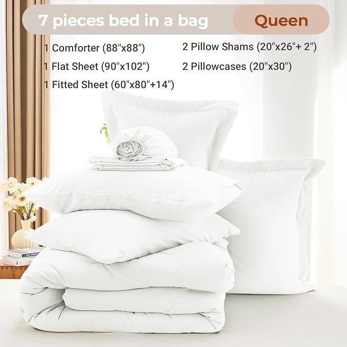 7 Pieces Queen Comforter Set, Soft Bed in a Bag Queen Size, All Season Bedding Set with Comforter, Flat Sheet, Fitted Sheet, Pillowcases & Shams, White