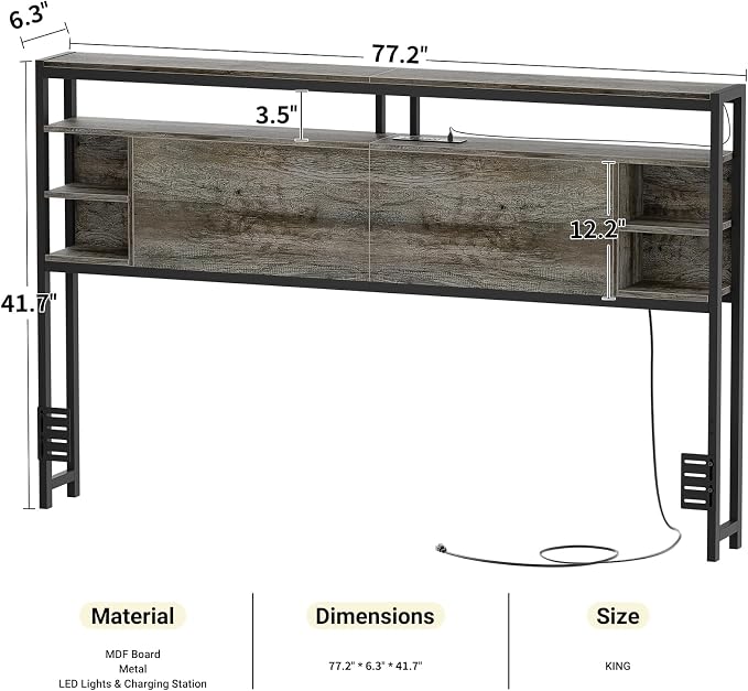 Unikito King Size Headboard with Storage, Headboards with Outlets and RGB LED Light, Sturdy Head Board for King Size Bed, Stable Only for Bedroom, Dorm Room, Guest Room, Black Oak