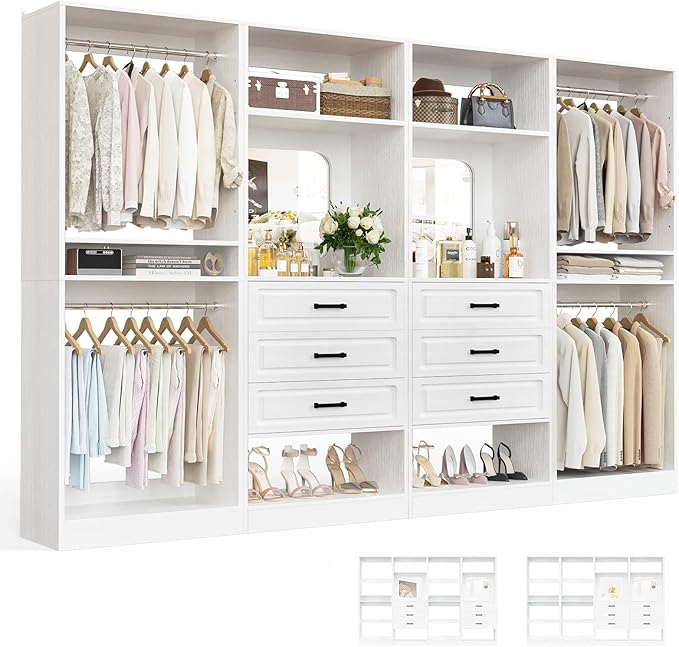 Unikito Closet System, 100" Closet Organizer with Drawers & Mirrors, White | Large Wood Walk-in Closet Wardrobe Organizer with Hanging Rods & Adjustable Shelves, Sturdy Freestanding Garment Rack Tower