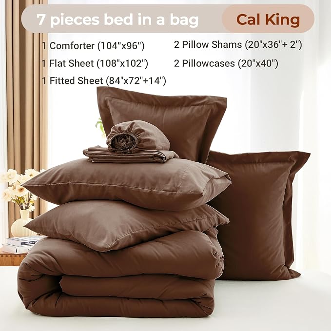 7 Pieces California King Comforter Set, Soft Bed in a Bag Cal King Size, All Season Bedding Set with Comforter, Flat Sheet, Fitted Sheet, Pillowcases & Shams, Brown