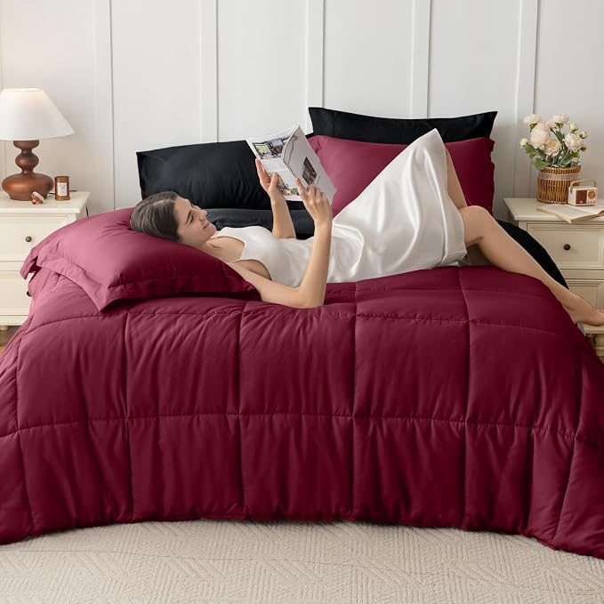 JOLLYVOGUE Full Comforter Set, Ultra-Soft Bed in a Bag Full Size 7 Pieces, Oeko-TEX Certified Bedding Set with Down Alternative Comforter, Sheets, Pillowcases & Shams, Burgundy & Black