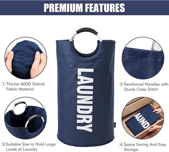 DOKEHOM 125L X-Large Laundry Basket Bag, Collapsible Tall Hamper, Dark Blue | Freestanding tall washing bin & foldable laundry bag. Extra large clothes storage basket with durable sturdy handles