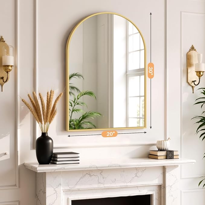 Bathroom Mirror for Wall, 30x20 Inch Arched Mirror, Matte Gold Metal Framed Bathroom Vanity Mirrors for Restroom Farmhouse, Anti-Rust, Tempered Glass, Hanging or Leaning