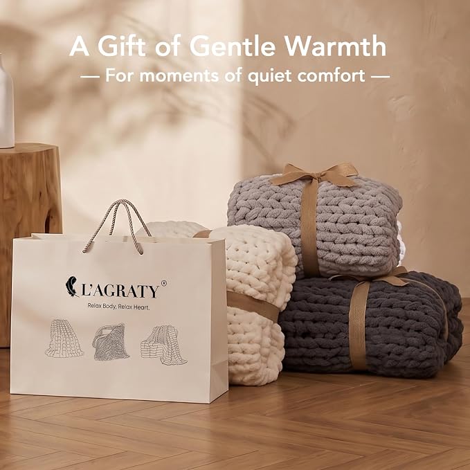 L'AGRATY Chunky Knit Throw Blanket for Couch, 50'' x 70'' Knit Throw, Brown | Handmade Chenille Crochet Blanket for Sofa Bed, Thick Cable Knitted Blankets for Room Home Decor, Birthday Gift for Women Mom