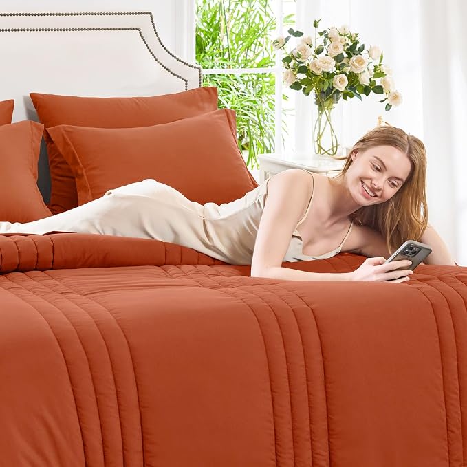 Queen Comforter Set Burnt Orange - 7 Pieces Bed in a Bag | OEKO-TEX Certified, 240GSM Down-Alternative Comforter, 14" Deep-Pocket Sheets, Shams & Pillowcases, Lightweight
