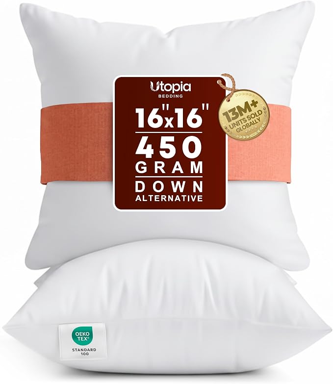 Utopia Bedding 16x16 Pillow Inserts, White Throw Pillows for Couch, 2 Pack | 100% Virgin Filling, Indoor Cushion Inserts for bed, sofa & couch, Extra Filled, Supportive & Fluffy Decorative Pillows