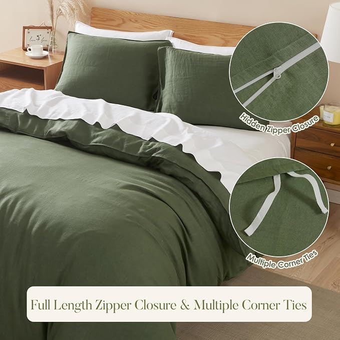 DAPU 100% French Linen Duvet Cover 3Pcs Set, 170GSM Linen Bedding, Queen | Soft Breathable All-Season for Hot sleepers, Corner Ties & Zipper Closure, French Linen Flax from Normandy, Olive Green