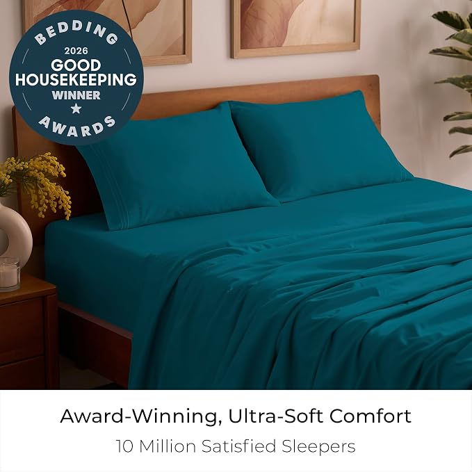 Mellanni Iconic 4-Piece Double-Brushed Microfiber Sheet Set (Queen, Teal) | Double-brushed softness; breathable comfort; 16-in deep pocket; machine washable; OEKO-TEX(R) certified; Lifetime Promise