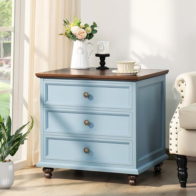 Joaxswe 24" Wide Farmhouse Night Stand Set of 2,Large End Table with 3 Drawers & Metal Handle,Wood Dresser for Bedroom Cabinet,Light Blue Bed Side Table Chest of Drawers,Nightstand for Living Room
