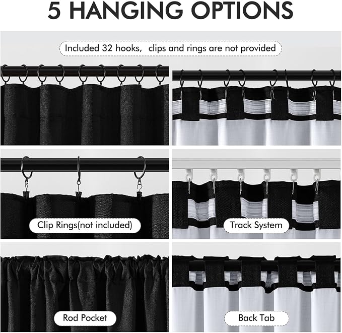 MIULEE 100% Blackout Back Tab Pleat Linen Curtains 50" Wx108 L,Black | 2 Panels,Thick Faux Linen,Textured Drapes,with Hooks,for Bedroom Living Room,Black Out,Room Darkening