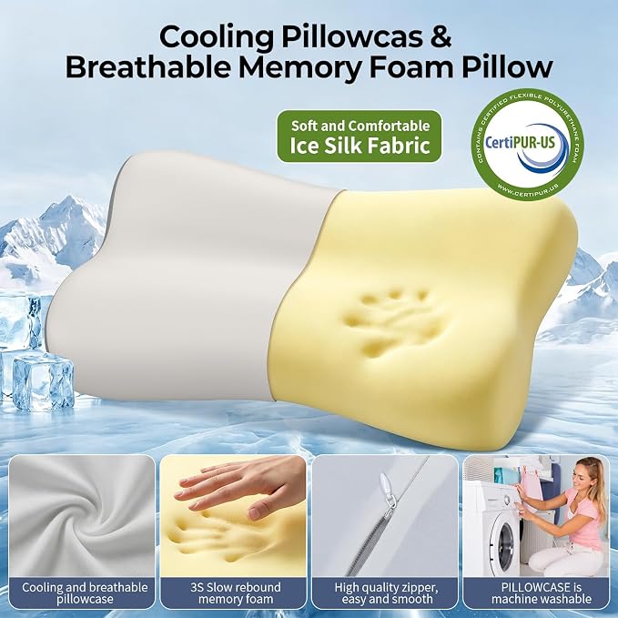 Polovo Cervical Neck Pillow for Pain Relief - Ergonomic Side Sleeper Pillow for Deep Sleep, Contour Memory Foam Pillows for Sleeping Bed Pillow for Side Back Stomach Sleepers(Grey)