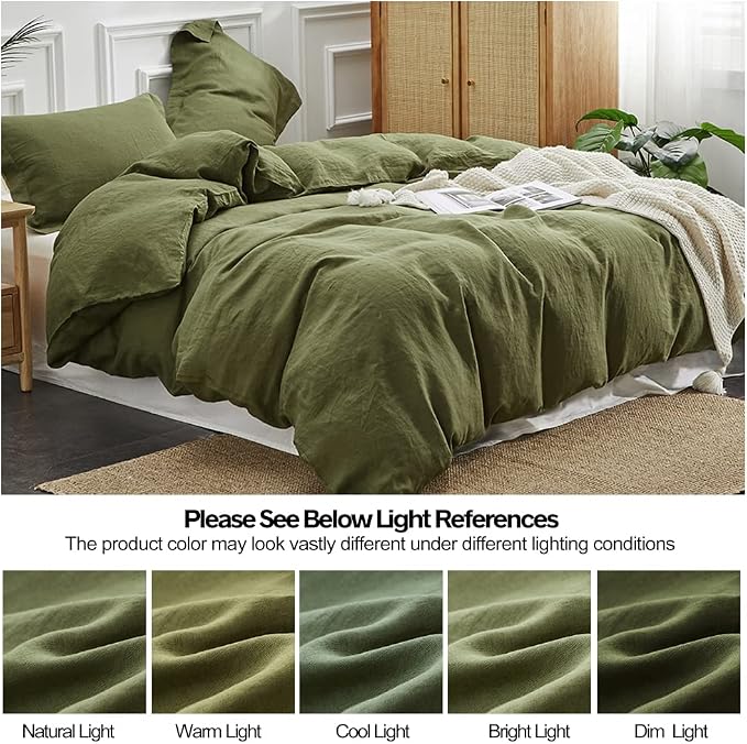 Simple&Opulence 100% Linen Duvet Cover Set 3pcs Basic Style Natural French Washed Flax Solid Color Soft Breathable Farmhouse Bedding with Button Closure - Olive Green, Queen