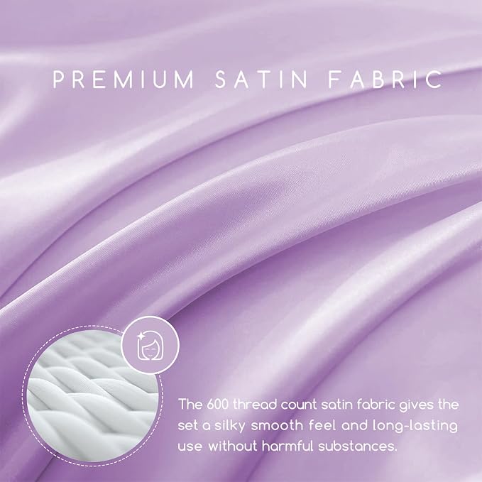MR&HM Satin Sheets Full Size with Elastic Corner Straps, Lilac | Similar to Silk, 4-Piece Silky Soft Bed Sheet Set, Gentle on Skin and Hair, 15" Deep Pocket, Cooling & Breathable