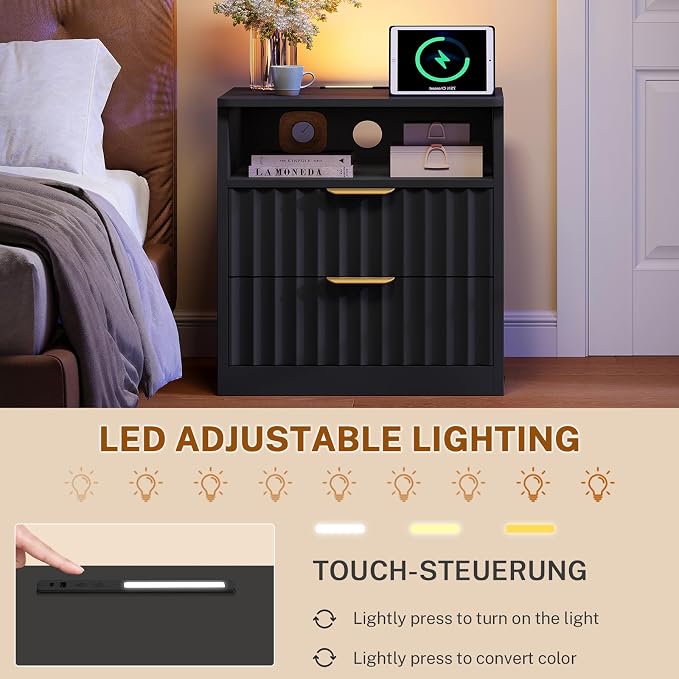 Fluted Nightstands Set of 2, Night Stand with Charging Station and LED Light, Nightstand with Storage Drawer and Open Shelf, Bedside Table for Small Space, Bedroom, Black