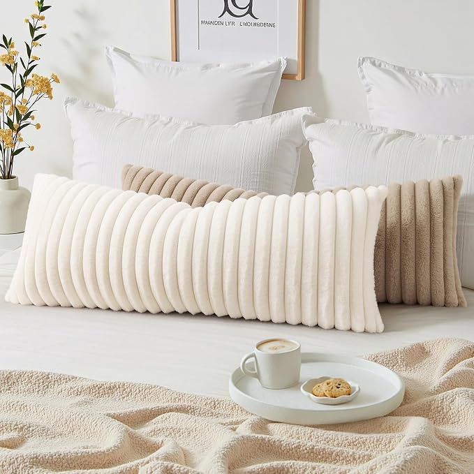 decorUhome Fall Faux Fur Throw Pillow Covers 14x36 Pack of 1 Khaki Brown | Decorative Soft Cozy Striped Plush Modern Farmhouse Boho Couch Pillow Cases Velvet Back for Sofa Bed Living Room Home Decor